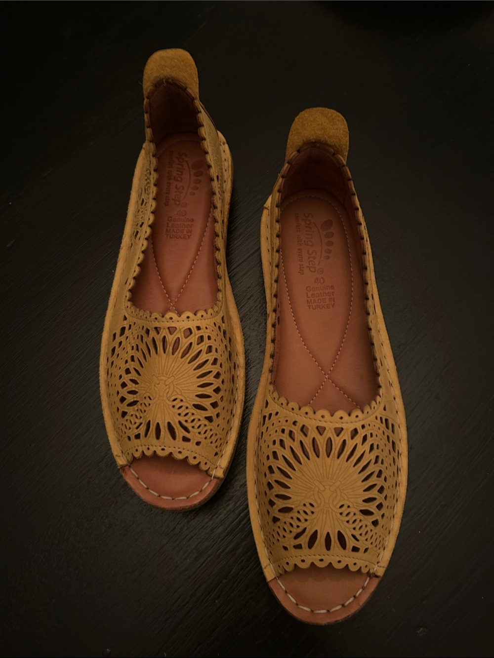 Spring Step Women’s Tan Laser-Cut Leather Slip-On Flats
